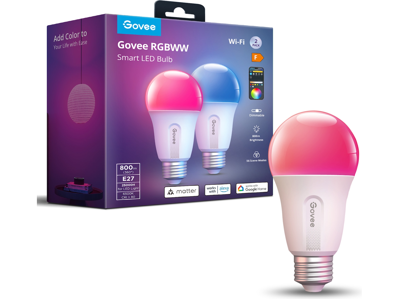 Govee LED Smart Lyspære, 800LM Fargeendring, Wi-Fi & Bluetooth Lyspærer & LED-pærer