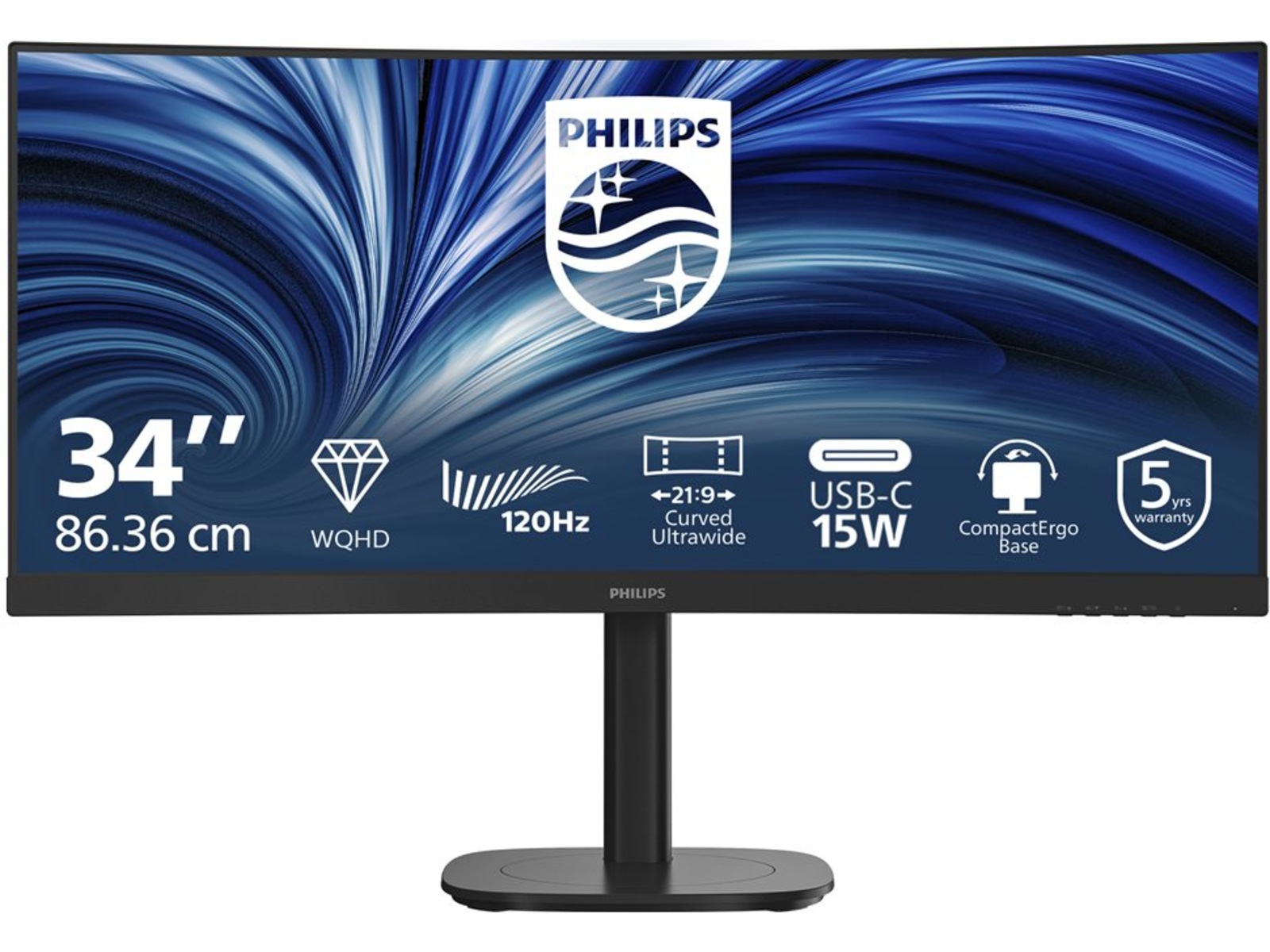 Philips 34" curved skjerm 34B2N3500C/00 3440x1440 VA, 120hz, 4ms, 3000:1, DP/2xHDMI