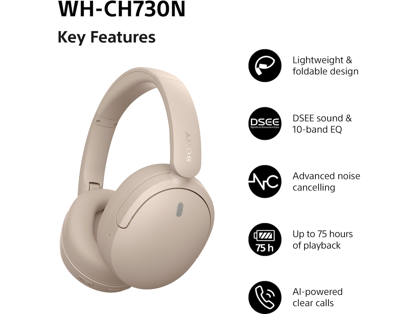 Sony WH-CH730N trådløse hodetelefoner med støydemping (beige) Hodetelefoner