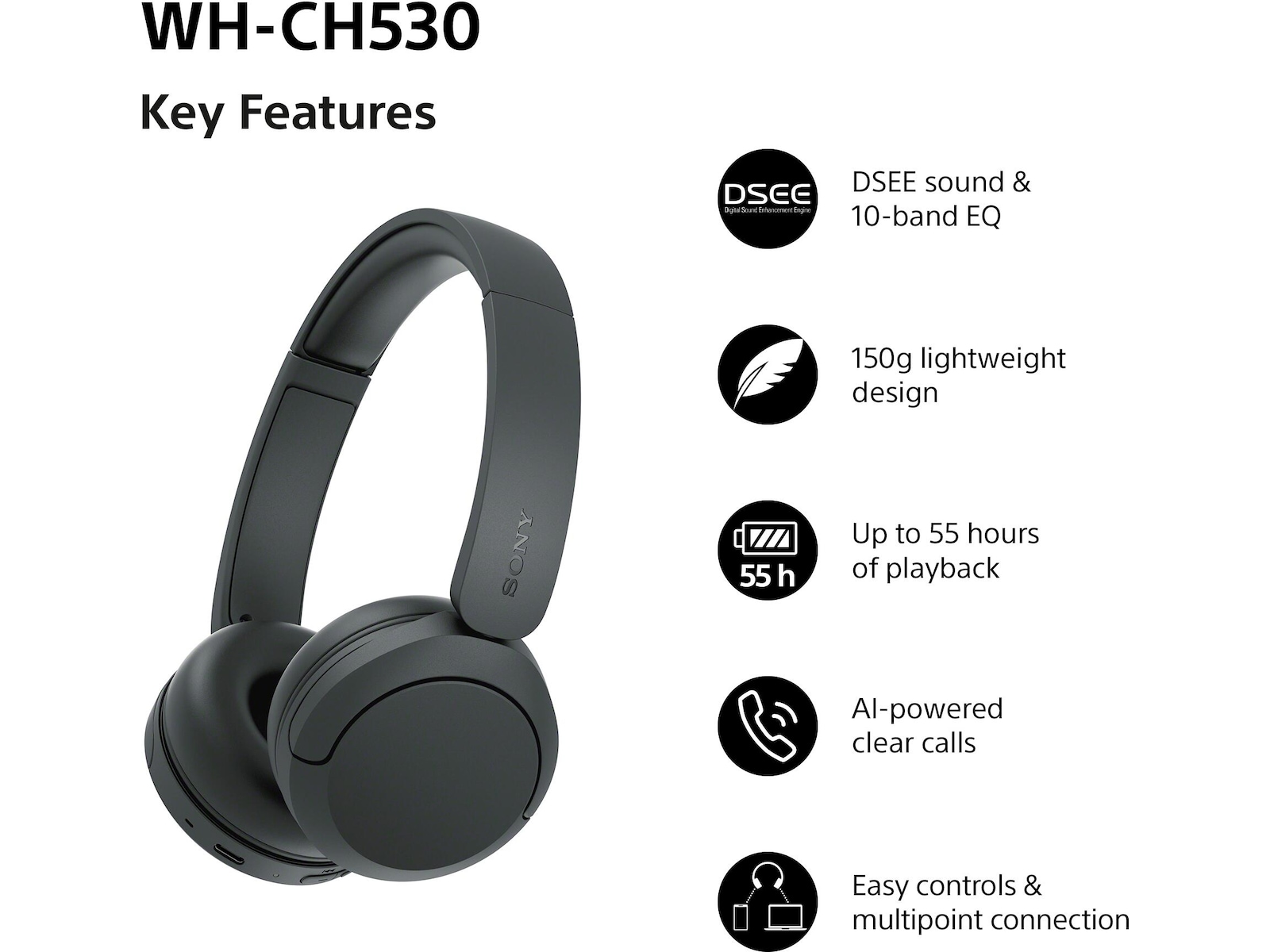 Sony WH-CH530 Trådløse Bluetooth Hodetelefoner (sort) Hodetelefoner
