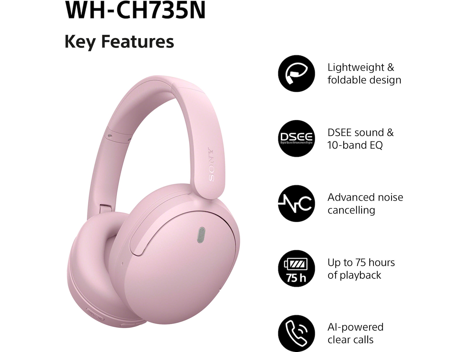 Sony WH-CH735N trådløse hodetelefoner med støydemping (rosa) Hodetelefoner