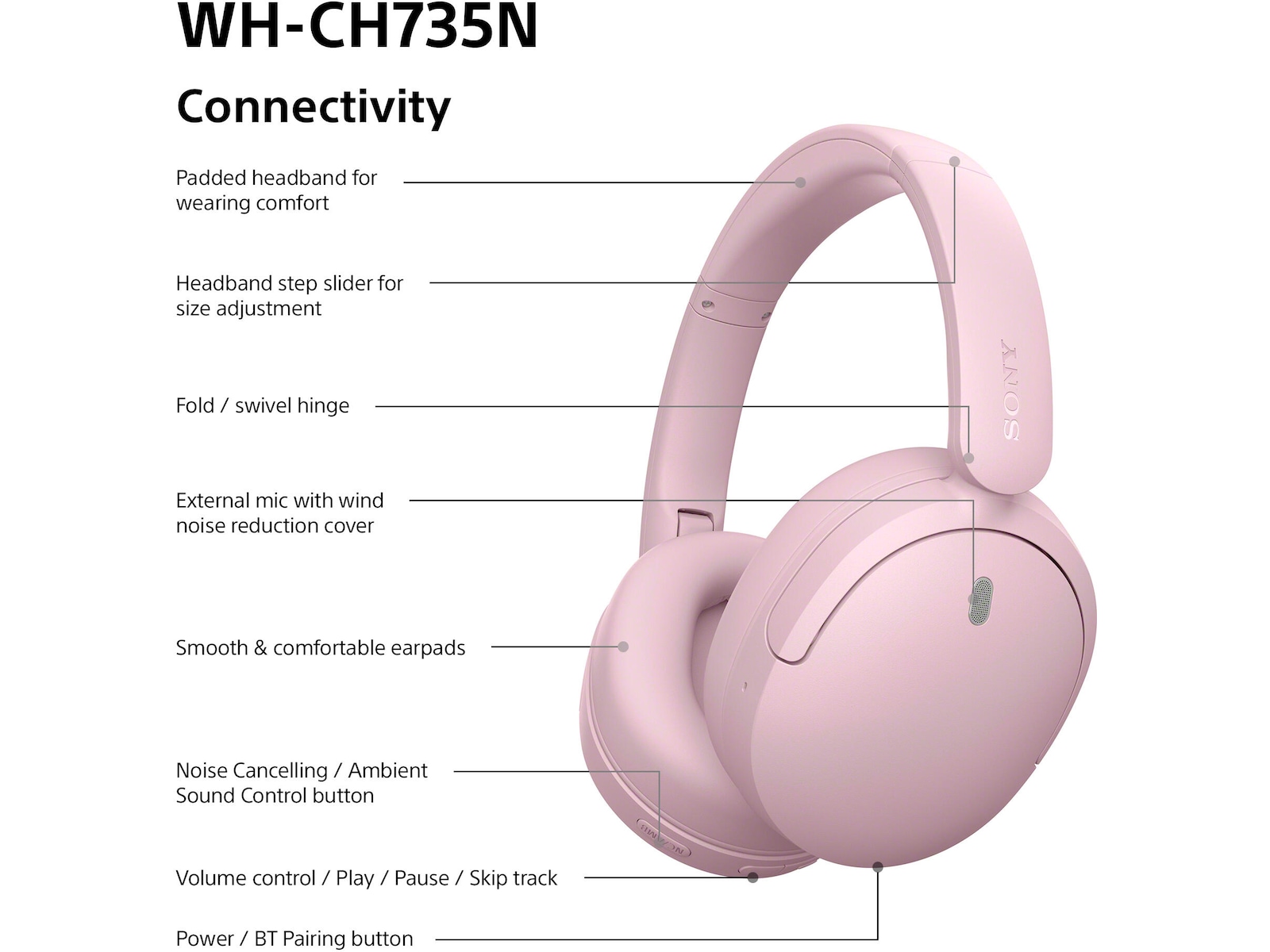 Sony WH-CH735N trådløse hodetelefoner med støydemping (rosa) Hodetelefoner