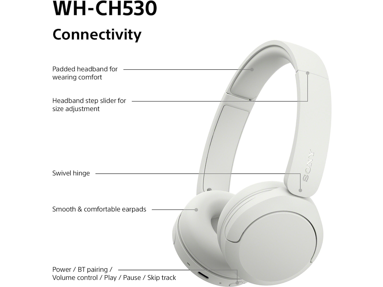 Sony WH-CH530 Trådløse Bluetooth Hodetelefoner (hvit) Hodetelefoner