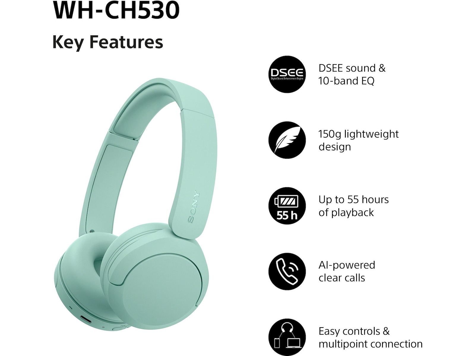 Sony WH-CH530 Trådløse Bluetooth Hodetelefoner (mint) Hodetelefoner