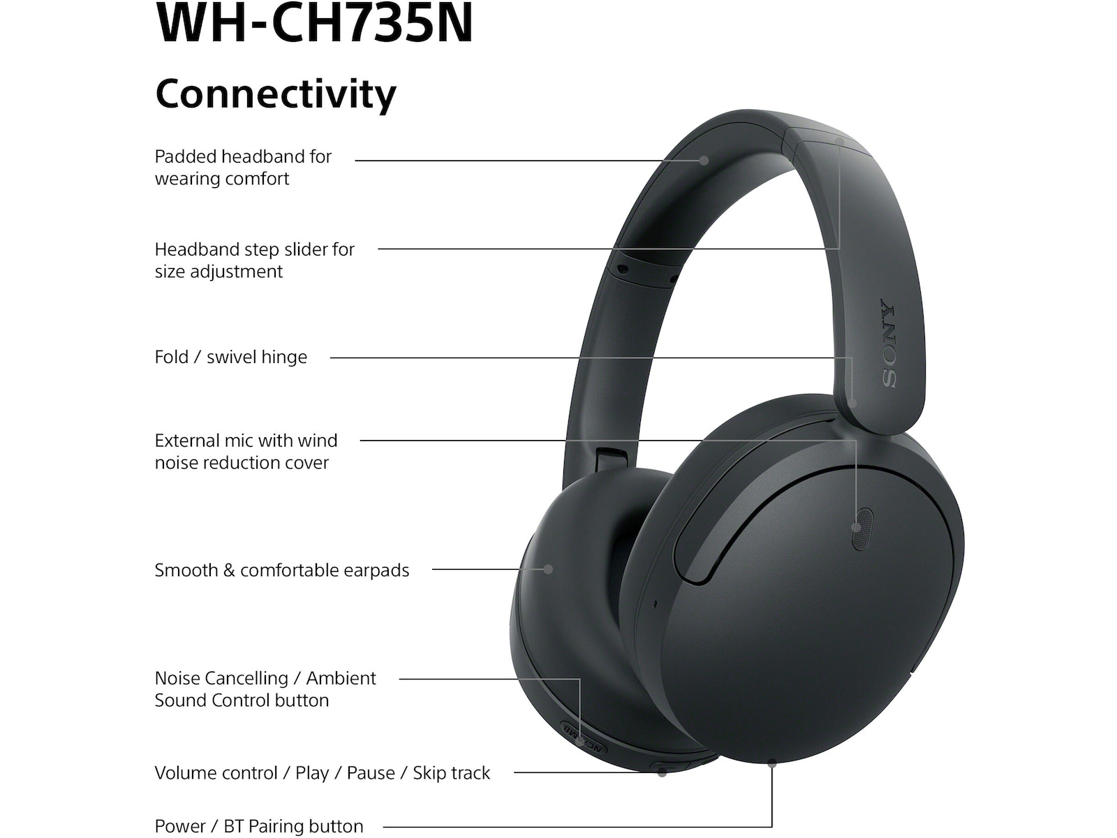 Sony WH-CH735N Trådløse Hodetelefoner med Støydemping (sort) Hodetelefoner