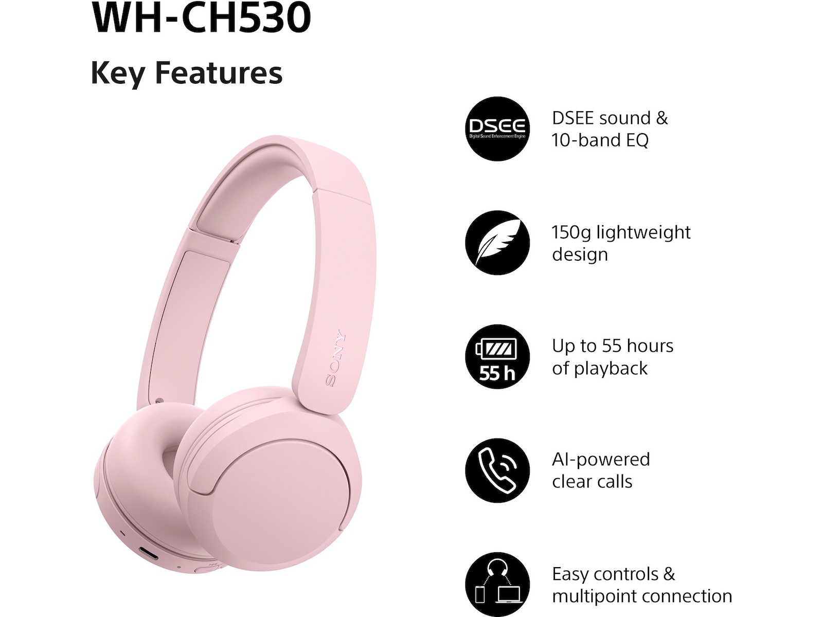 Sony WH-CH530 Trådløse Bluetooth Hodetelefoner (pink) Hodetelefoner