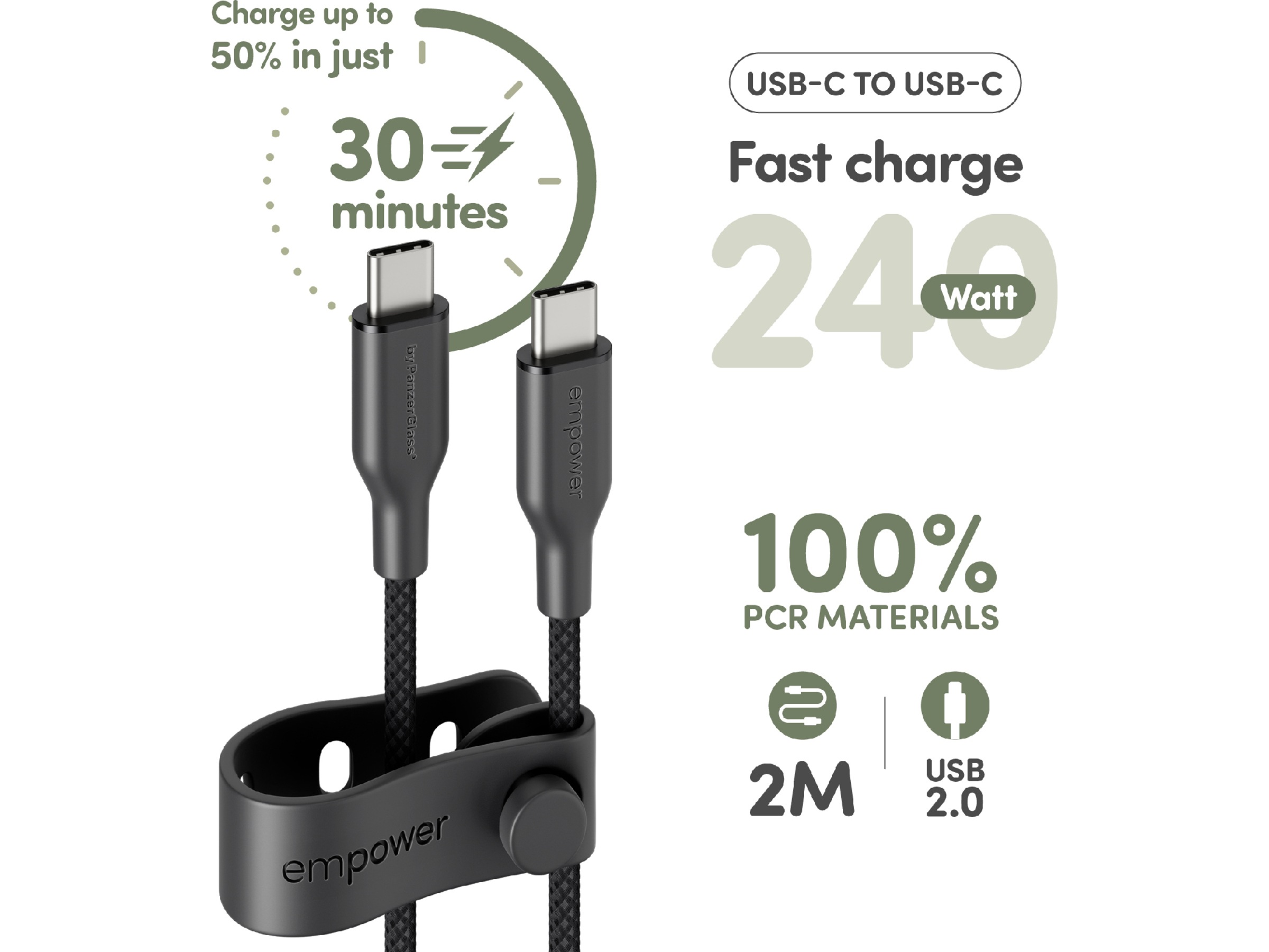 PanzerGlass Racing 240W USB-C kabel, 2m (sort) USB-kabler