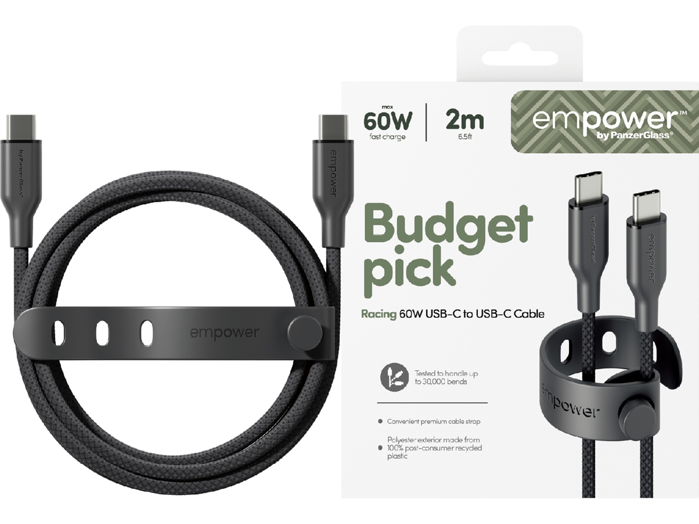 PanzerGlass Racing 60W USB-C kabel, 2m (sort) USB-kabler