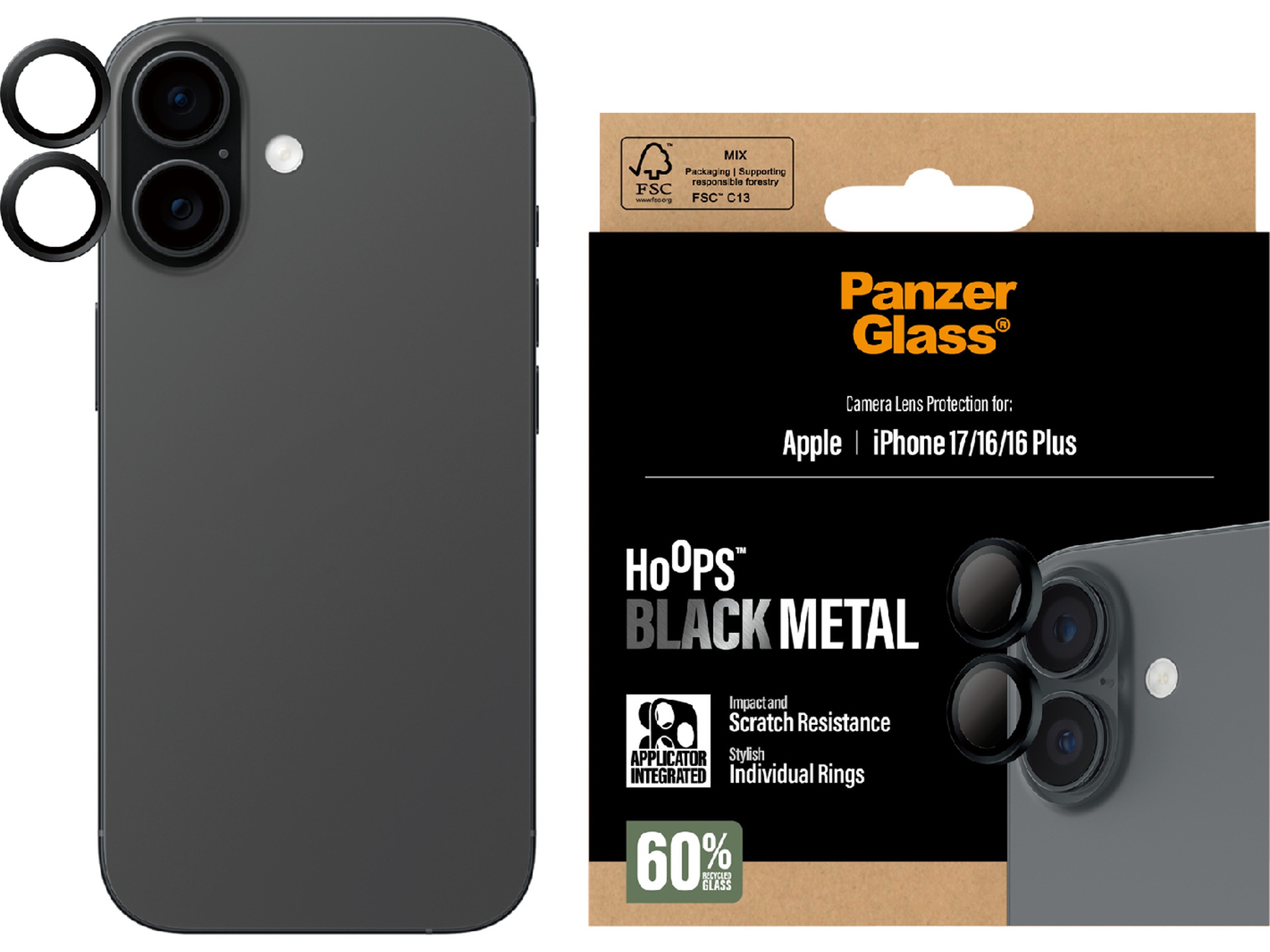 PanzerGlass iPhone 17 / 16 / 16 Plus Hoops Linsebeskytter (sort) Skjermbeskytter