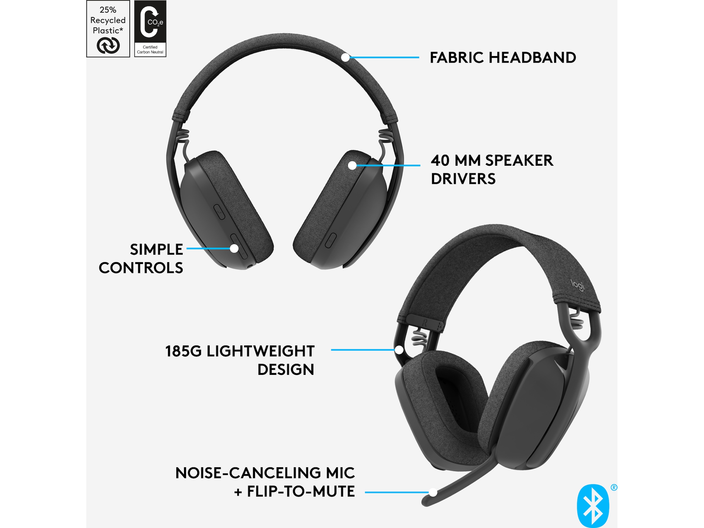 Logitech Zone Vibe 100 trådløst headset (grafittgrå) Hodetelefoner