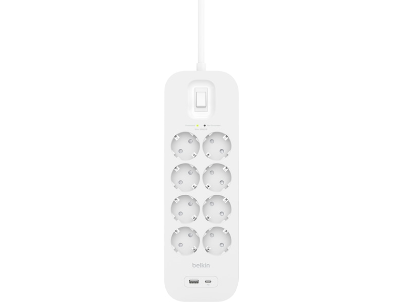 Belkin Strømforgrener 8x uttak og  2x USB 2m (hvit) Overspenningsvern