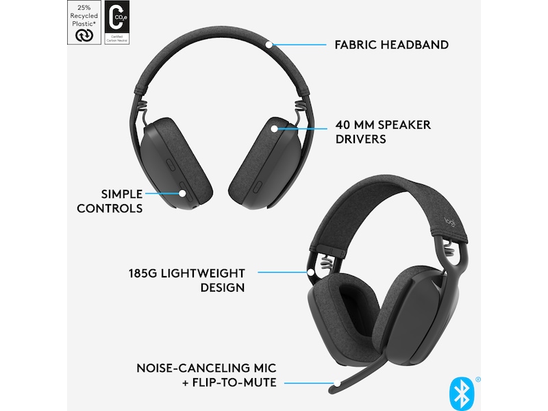Logitech Zone Vibe 100 trådløst headset (grafittgrå) Hodetelefoner