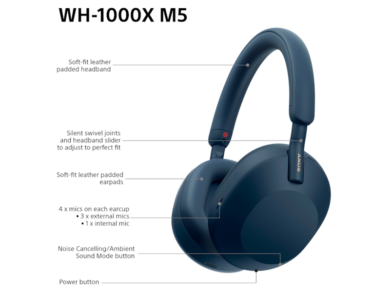 Sony WH-1000XM5 trådløse hodetelefoner, Over-Ear (blå) Hodetelefoner