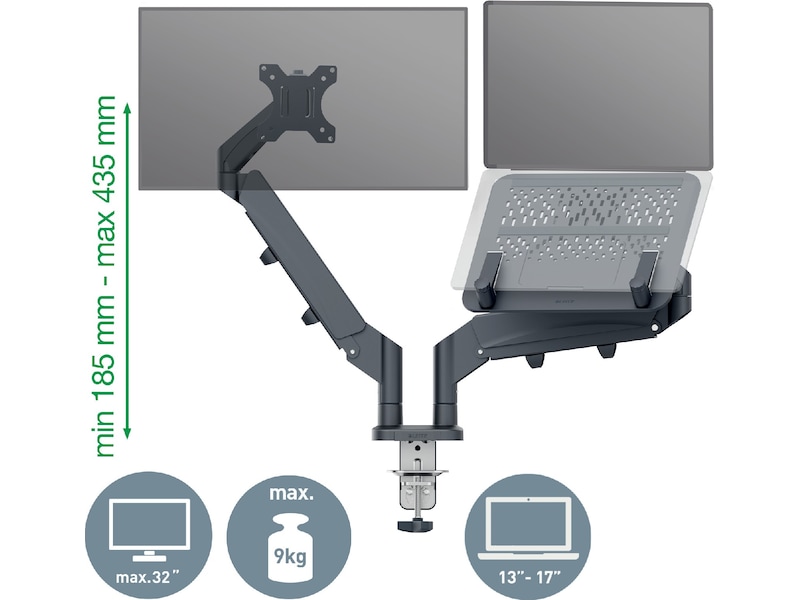 Leitz Ergo Skjermarm og laptopholder, plassbesparende Skjermstativ og skjermfeste