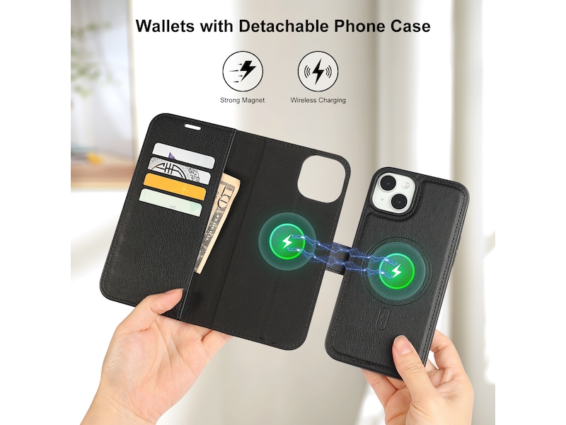 iiglo iPhone 15 Plus 2-i-1 Lommebokdeksel (sort) Mobildeksel