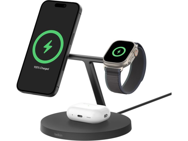 Belkin 3-in-1 Qi2 15W Ladestativ (sort) Trådløs lader