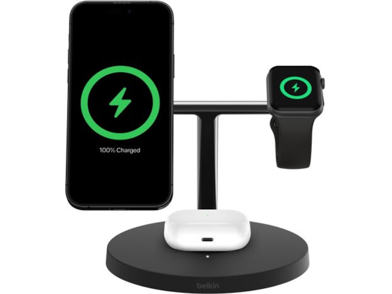 Belkin 3-in-1 Qi2 15W Ladestativ (sort) Trådløs lader