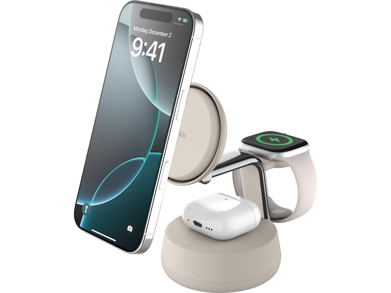 Belkin UltraCharge Pro 3-in-1 Qi2 Ladestasjon (sand) Trådløs lader