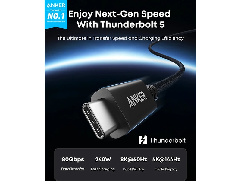 Anker Prime 240W USB-C til Thunderbolt 5 kabel 0,5m (sort) USB-kabler