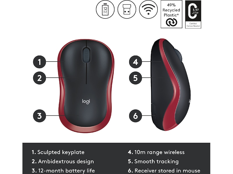 Logitech M185 Trådløs Mus Rød Mus