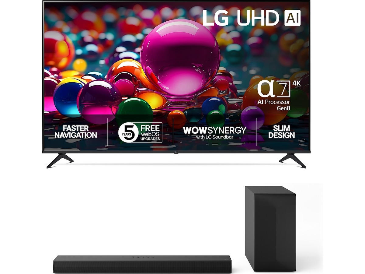 LG 86'' UA75 AI 4k Smart TV (2025) + NS60 lydplanke Over 80 tommer TV