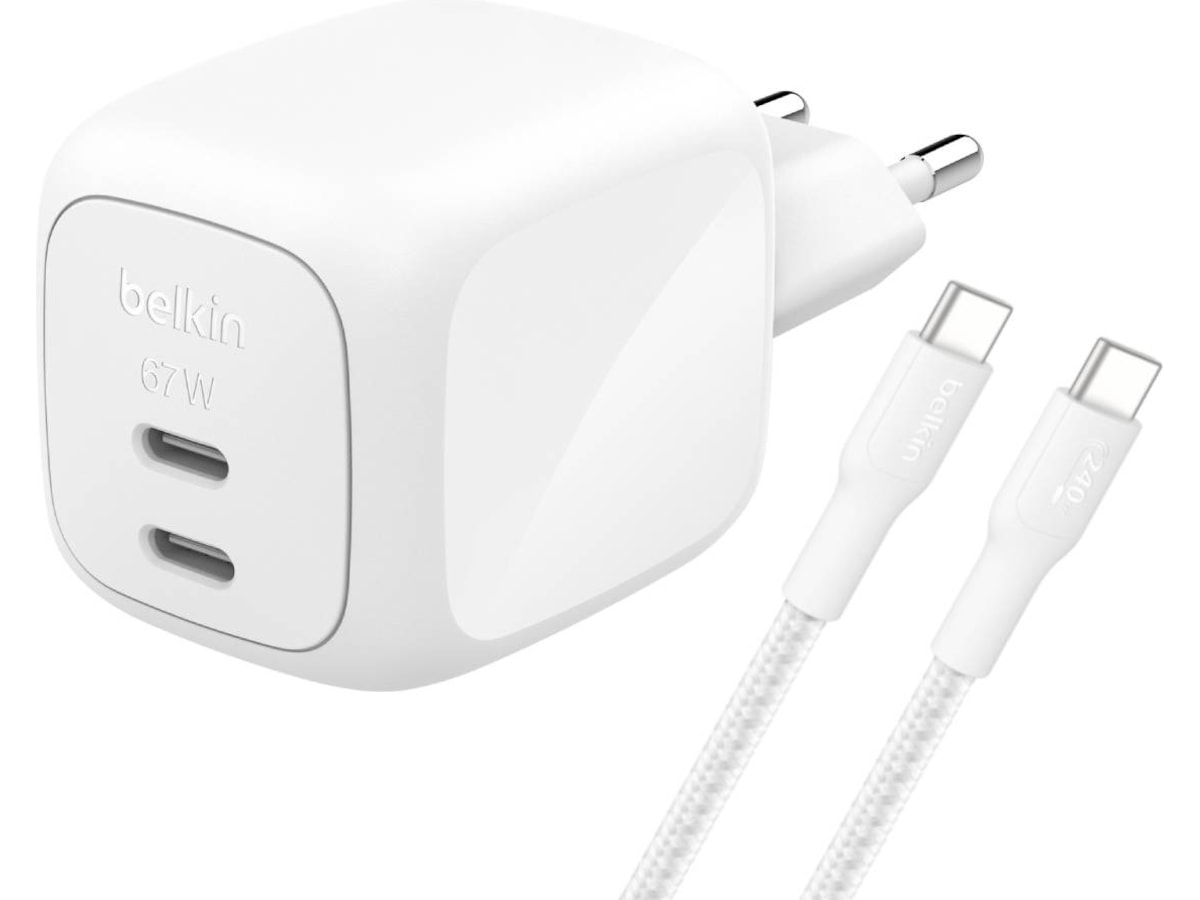 Belkin vegglader 67W dobbel USB-C PD GaN (hvit) Mobilladere