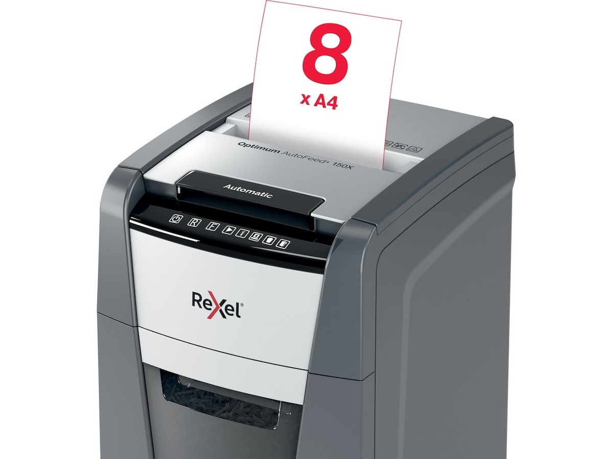 Rexel Makuleringsmaskin Optimum AutoFeed+ 150X automatisk krysskutt P4 Makuleringsmaskiner
