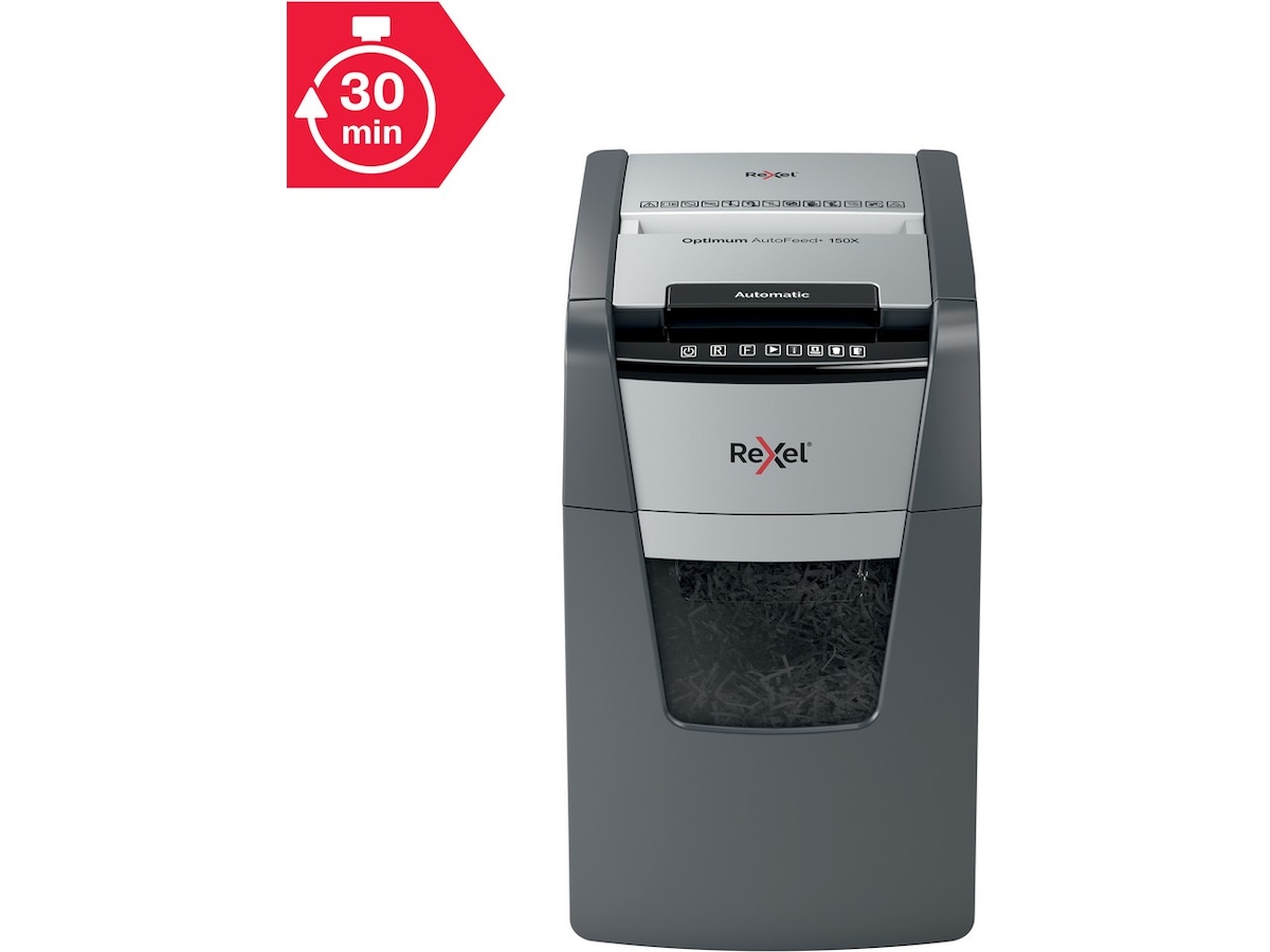 Rexel Makuleringsmaskin Optimum AutoFeed+ 150X automatisk krysskutt P4 Makuleringsmaskiner