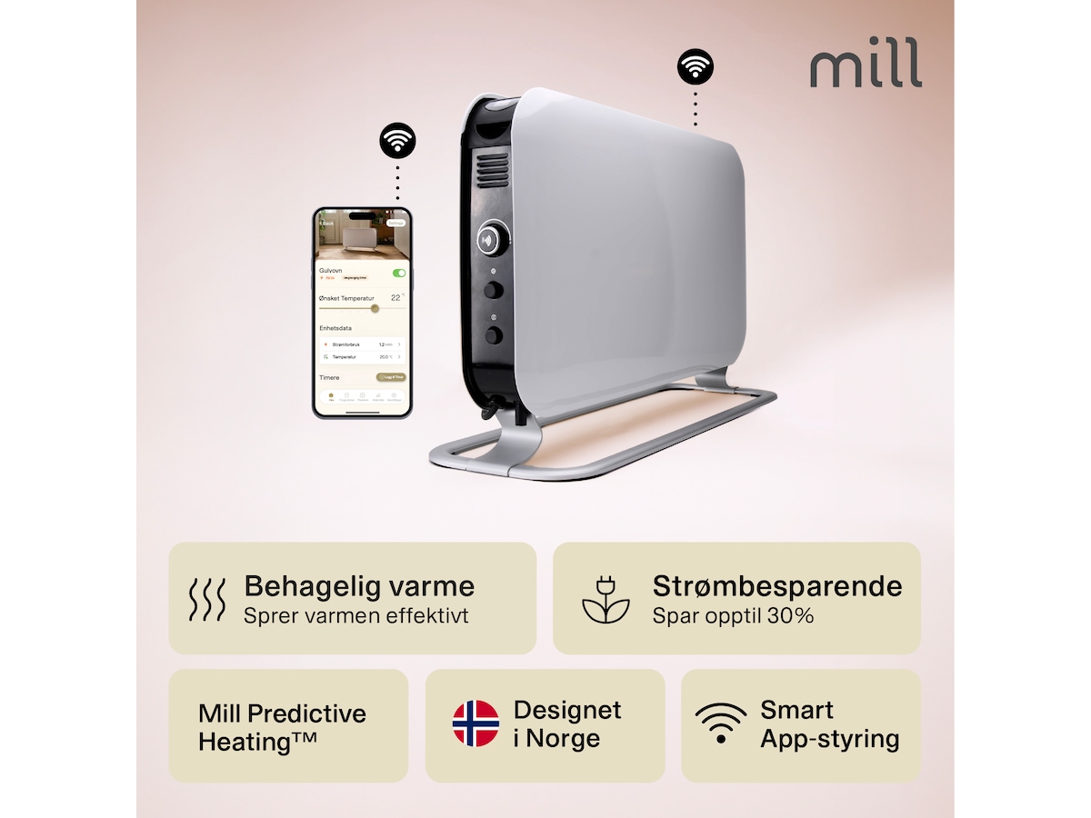 Mill WiFi gulvovn 1200W (hvit) Frittstående varmeovner