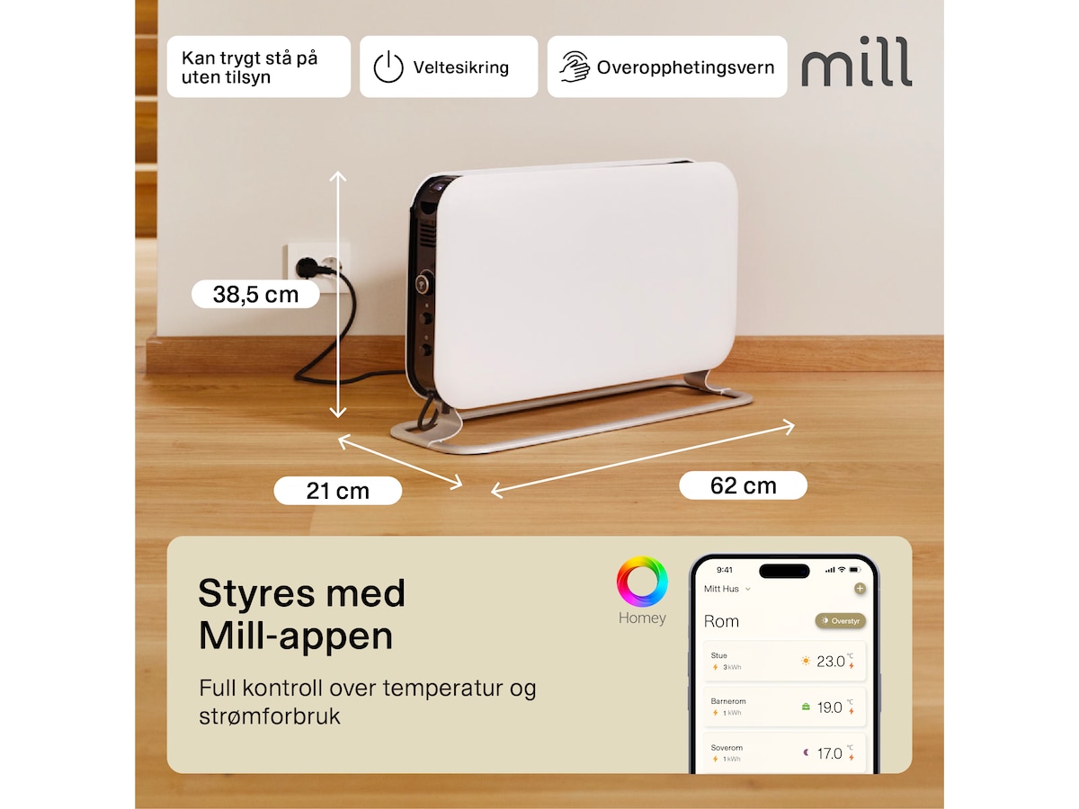 Mill WiFi gulvovn 1200W (hvit) Frittstående varmeovner