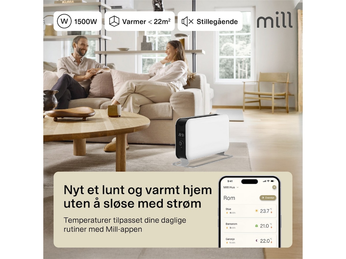Mill Max WiFi gulvovn 1500W (hvit) Frittstående varmeovner