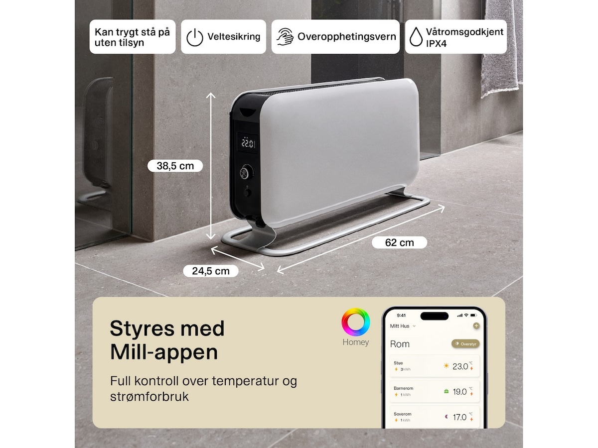 Mill Max WiFi gulvovn 1500W (hvit) Frittstående varmeovner