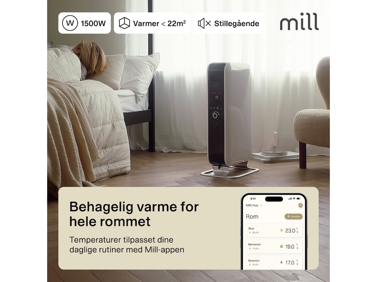 Mill Gentle Air WiFi oljeovn 1500W (hvit) Frittstående varmeovner