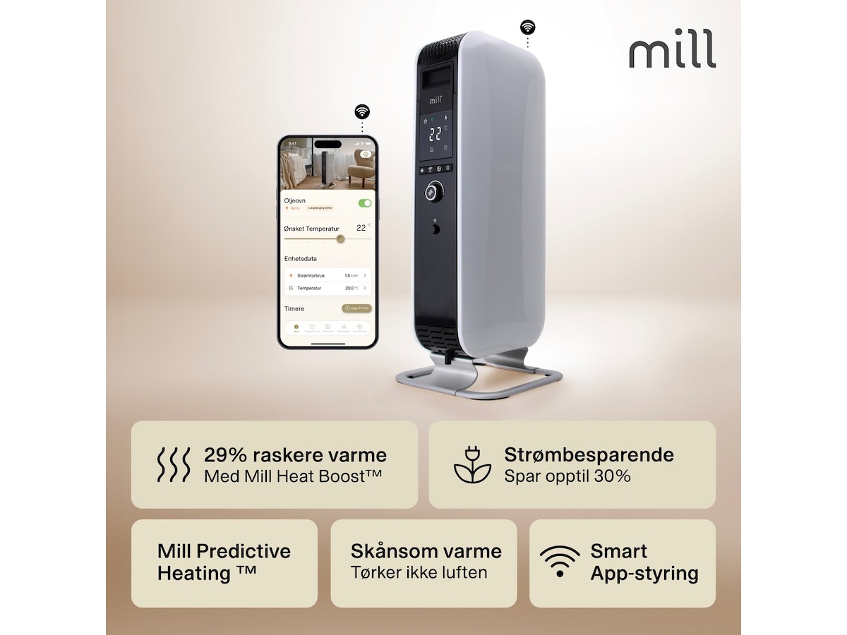 Mill Gentle Air WiFi oljeovn 1500W (hvit) Frittstående varmeovner