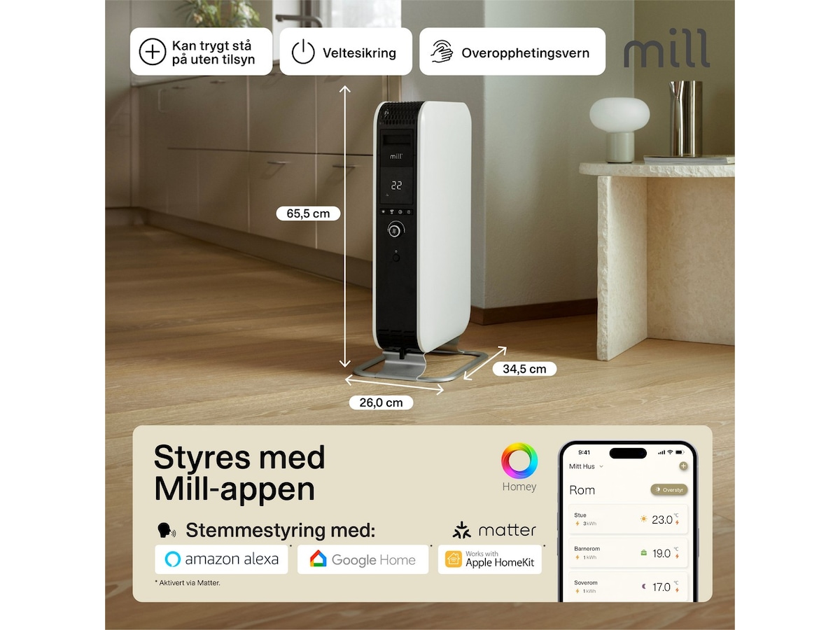 Mill Gentle Air WiFi oljeovn 1500W (hvit) Frittstående varmeovner