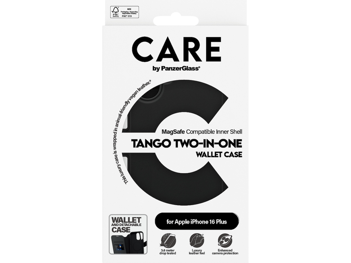 PanzerGlass CARE iPhone 16 Plus Tango 2-i-1 Lommebokdeksel (sort) Mobildeksel