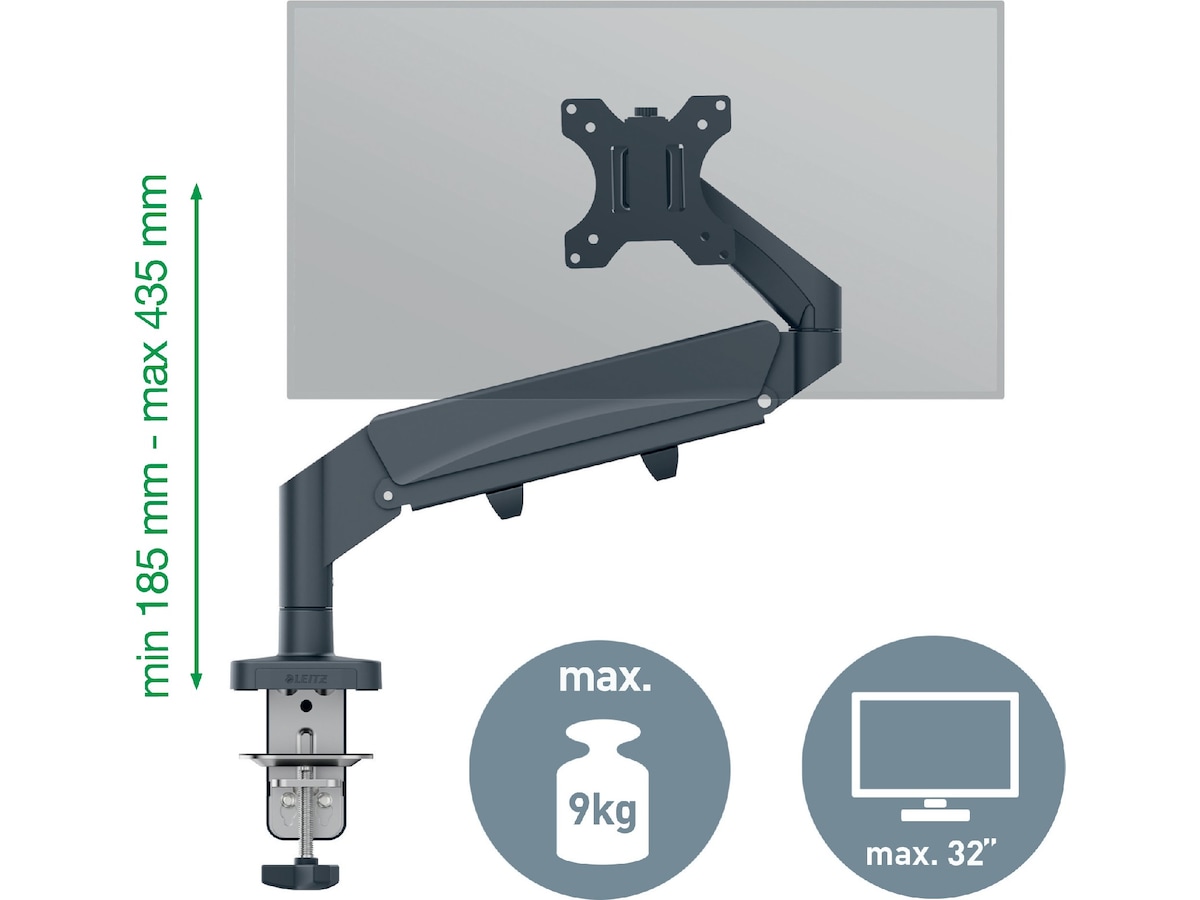 Leitz Ergo Skjermarm enkel, plassbesparende, 17”-32” flat /buet skjerm Skjermstativ og skjermfeste