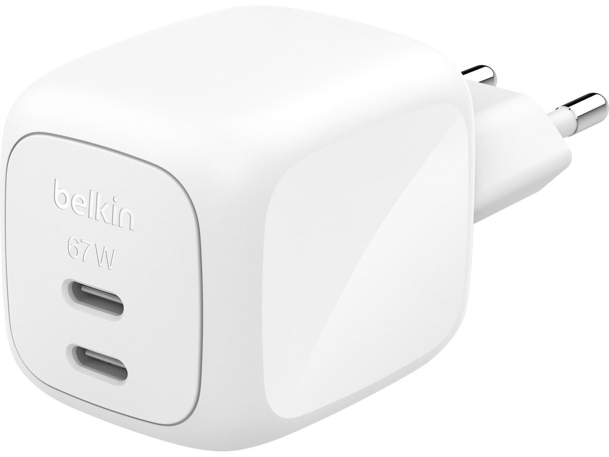 Belkin Dual USB-C PD GaN 67W vegglader (hvit) Mobilladere