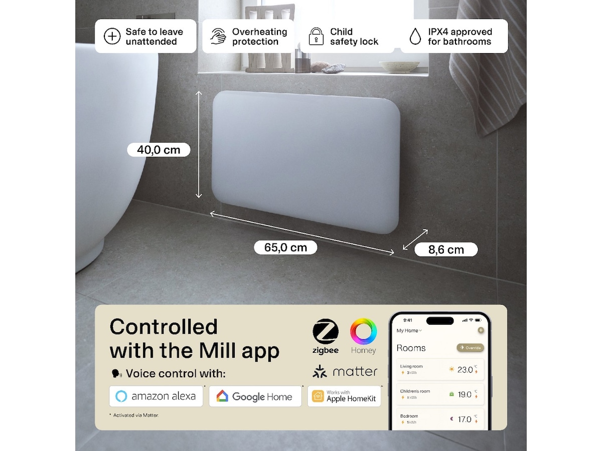 Mill Invisible Smart WiFi Gen 4 panelovn 700W 2-pakning (hvit) Panelovner