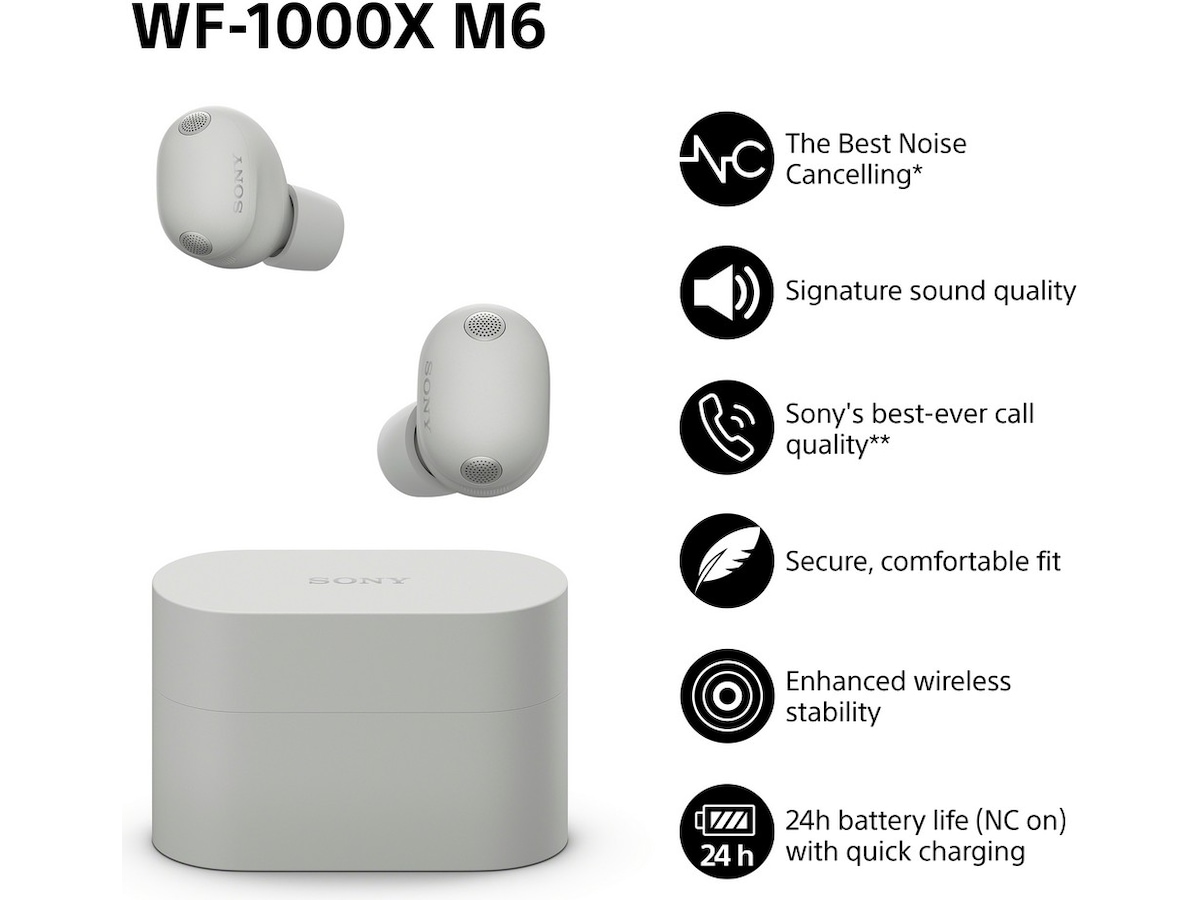 Sony WF-1000XM6 trådløse ørepropper med støydemping (Platinum Silver) Ørepropper