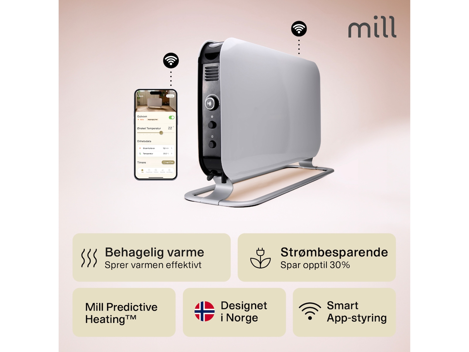 Mill WiFi gulvovn 1200W (hvit) Frittstående varmeovner