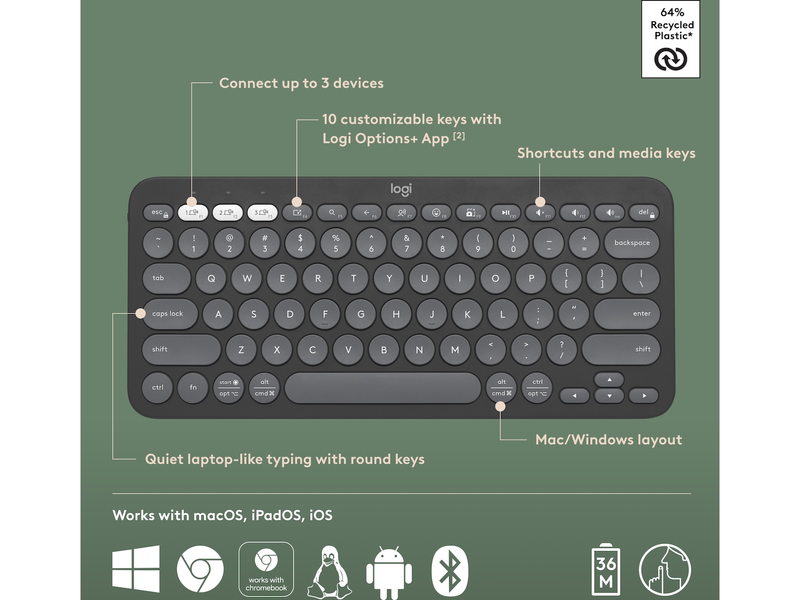 Pebble Keys 2 K380s (sort) Tastatur