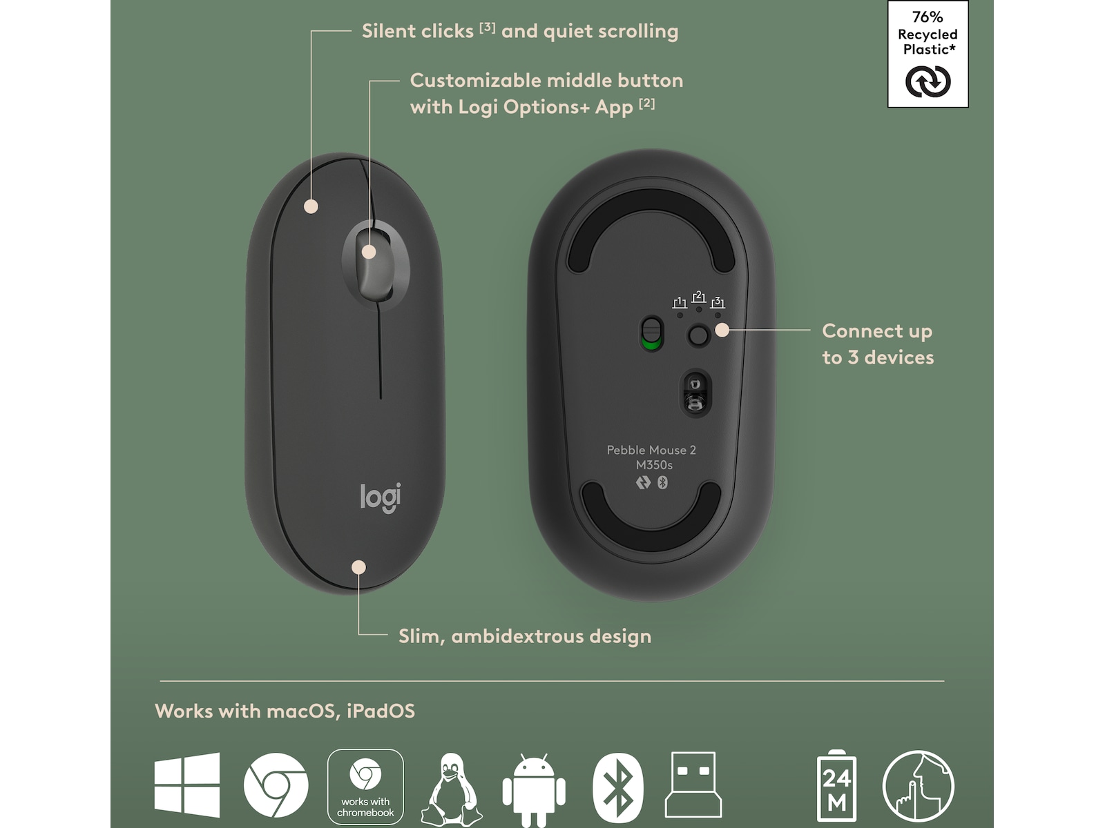 Pebble 2 Combo (sort) Mus & tastatur -kombipakker