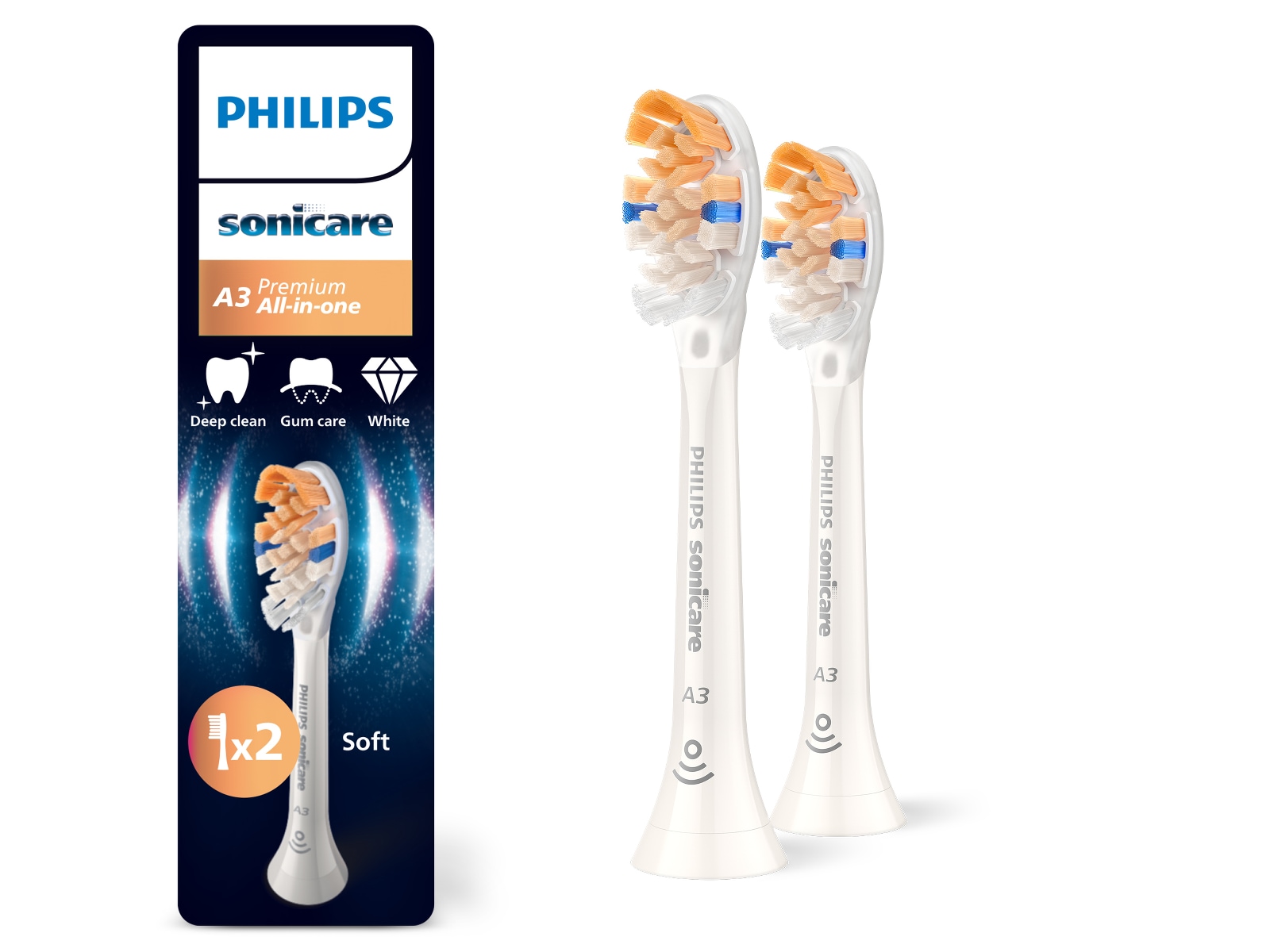 Philips Sonicare A3 Premium All-in-One tannbørstehoder (2 pack, hvit) Tannbørstehoder
