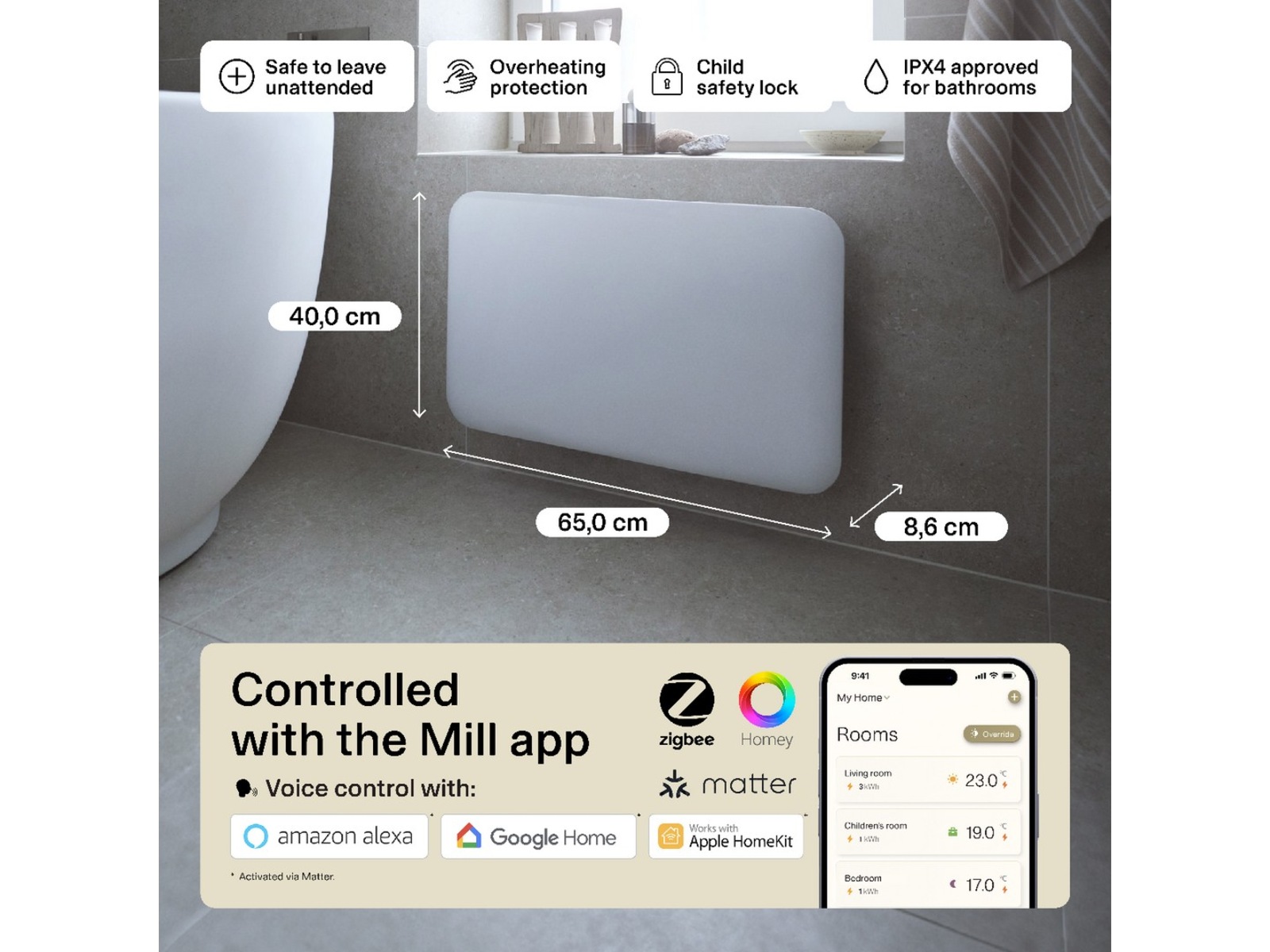 Mill Invisible Smart WiFi Gen 4 panelovn 700W 2-pakning (hvit) Panelovner
