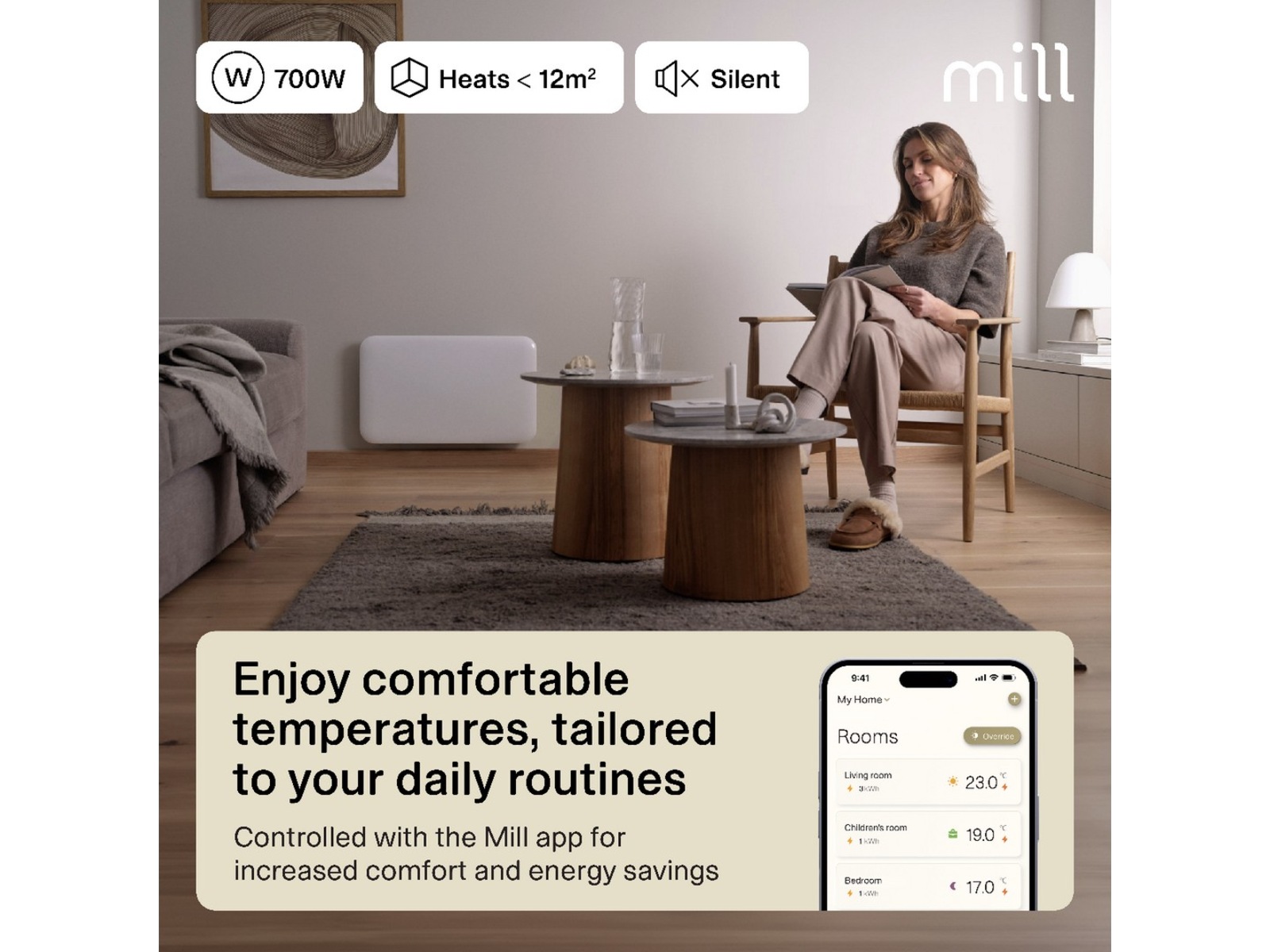 Mill Invisible Smart WiFi Gen 4 panelovn 700W 2-pakning (hvit) Panelovner