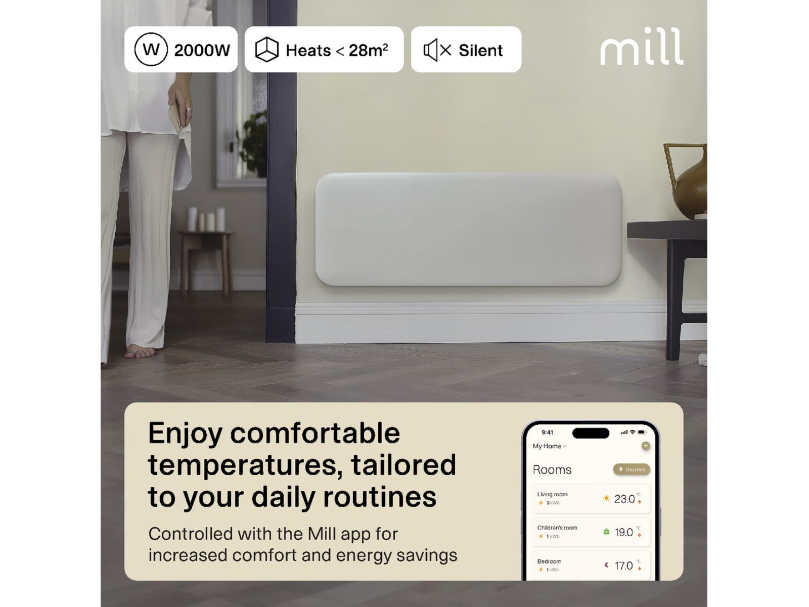Mill Invisible Smart WiFi 4. gen. panelovn 2000 W 2-pakning Panelovner