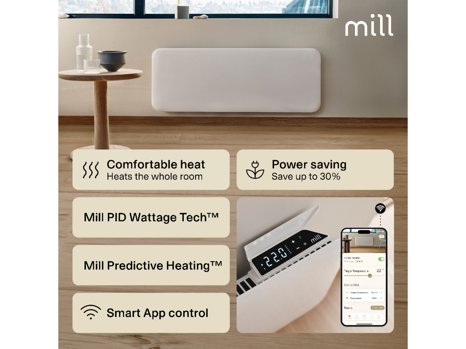 Mill Invisible Smart WiFi 4. gen. panelovn 2000 W 2-pakning Panelovner