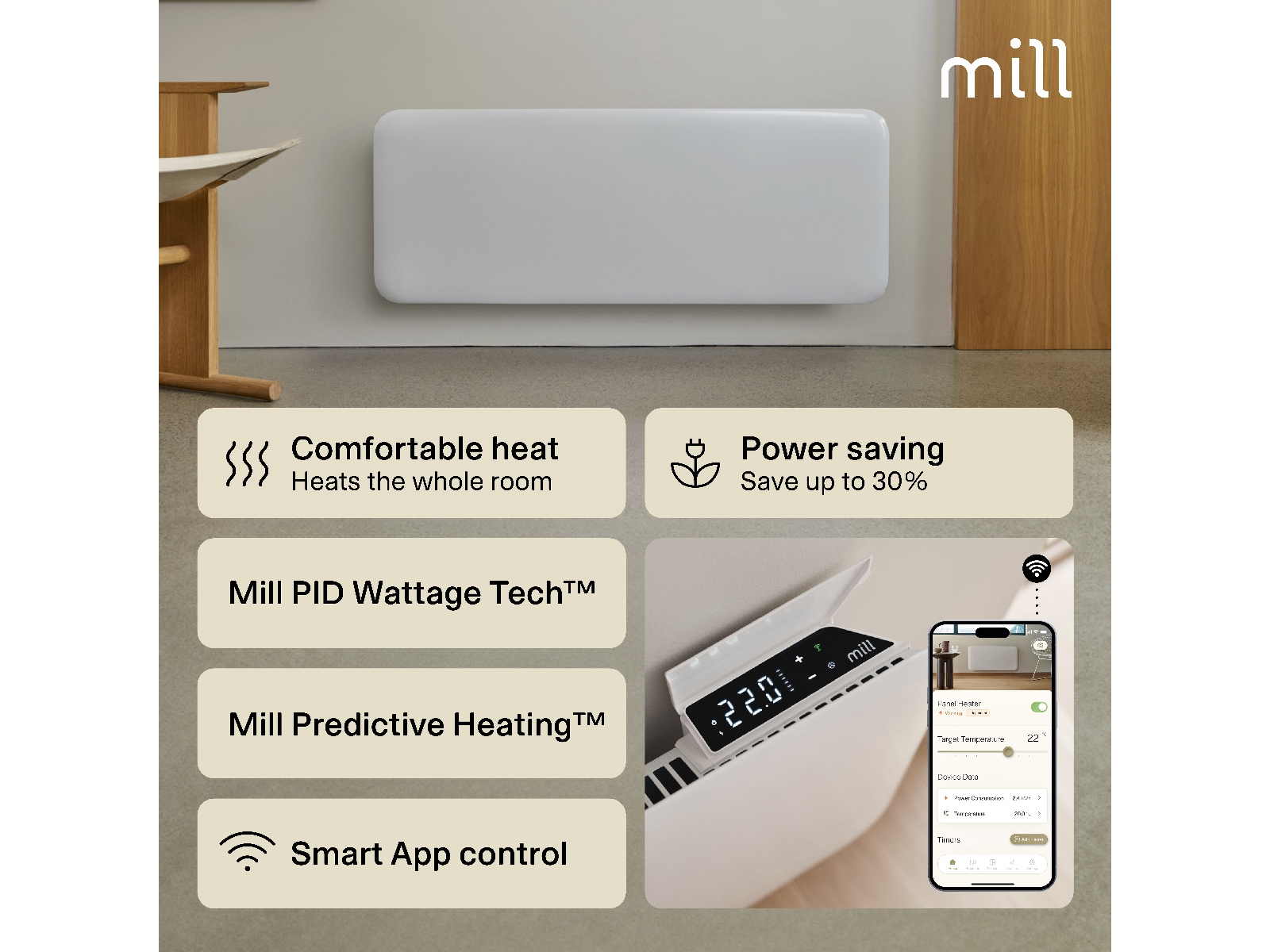 Mill Invisible Smart WiFi Gen 4 panelovn 1300W (hvit) -B-Grade Demo hjem & fritid