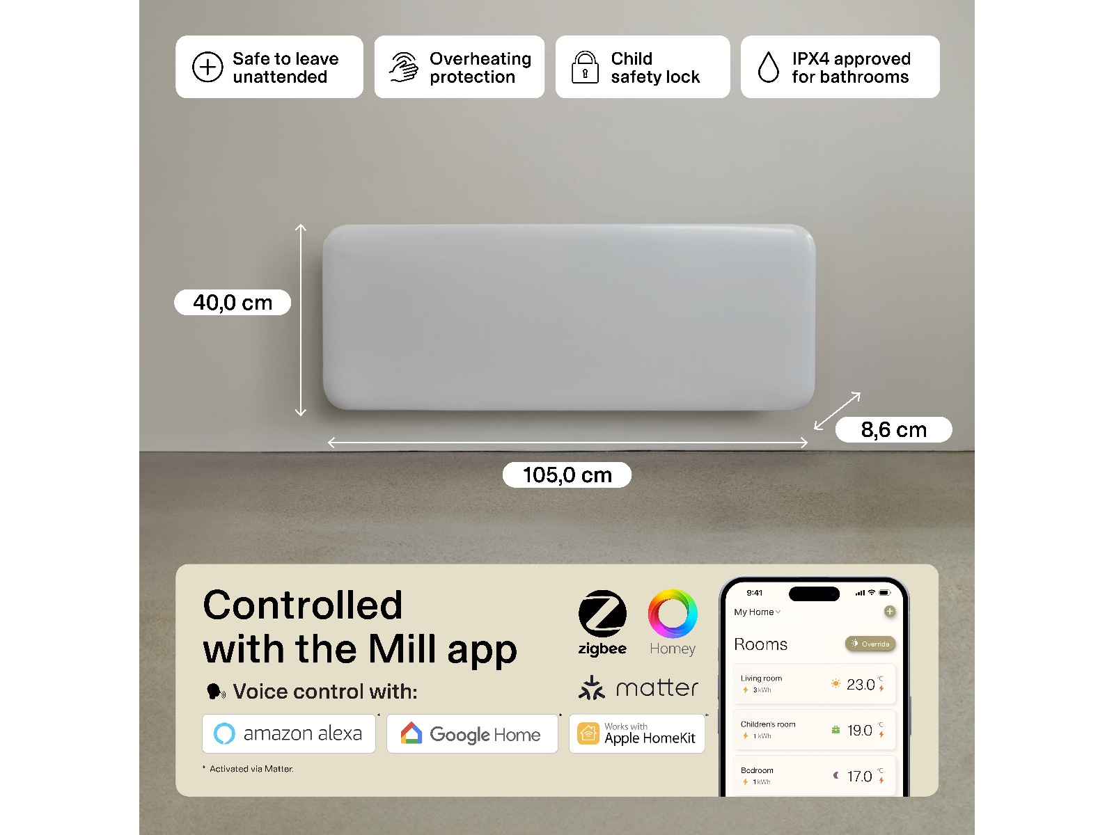 Mill Invisible Smart WiFi Gen 4 panelovn 1300W (hvit) -B-Grade Demo hjem & fritid